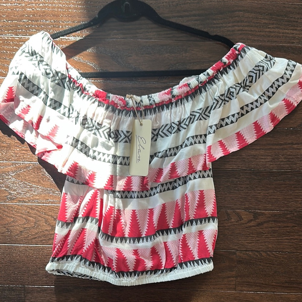 Elan Women's Off-Shoulder Top - Red and White size L - fits (small-med)